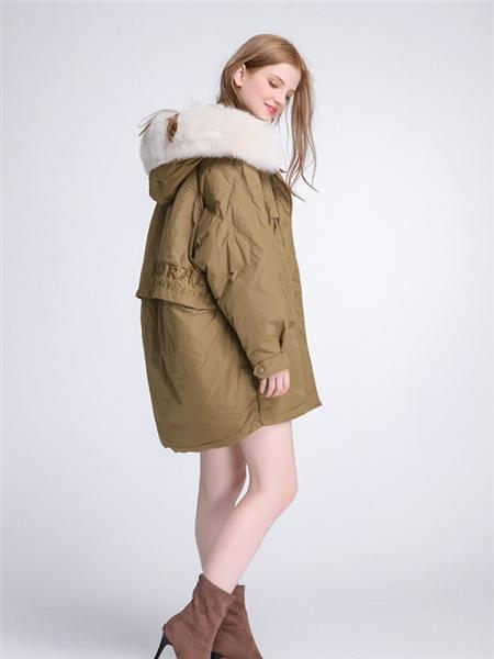 伊纱贝莲JSAPUILIN女装品牌2020秋季褐色带帽羽绒服
