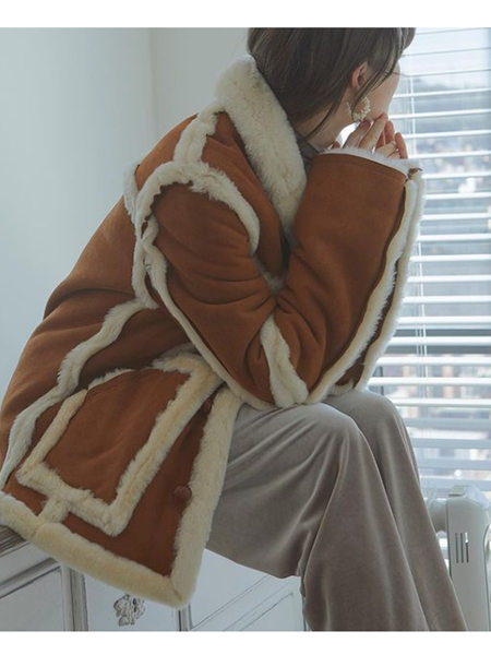 艾匹思女装品牌2020秋冬黄棕色鹿皮绒加绒外套